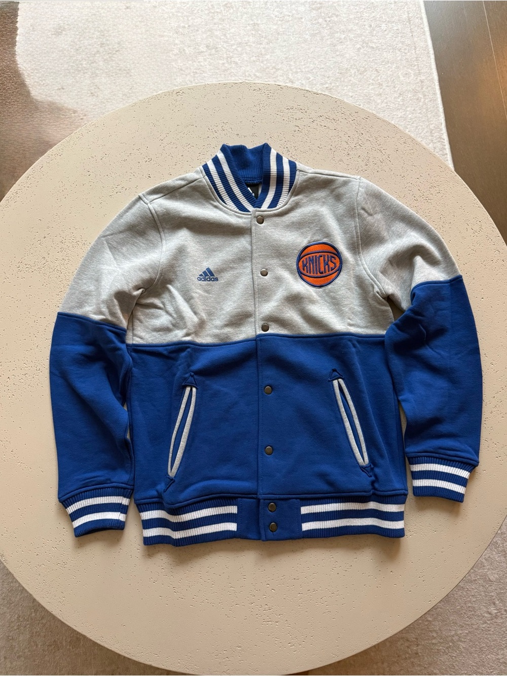 Knicks Adidas New York Knicks Blue & Gray Varsity Jacket